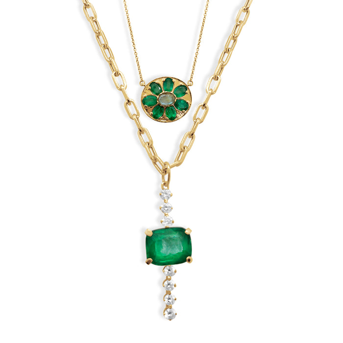In Line Diamond Pendant with  Cushion Cut Emerald