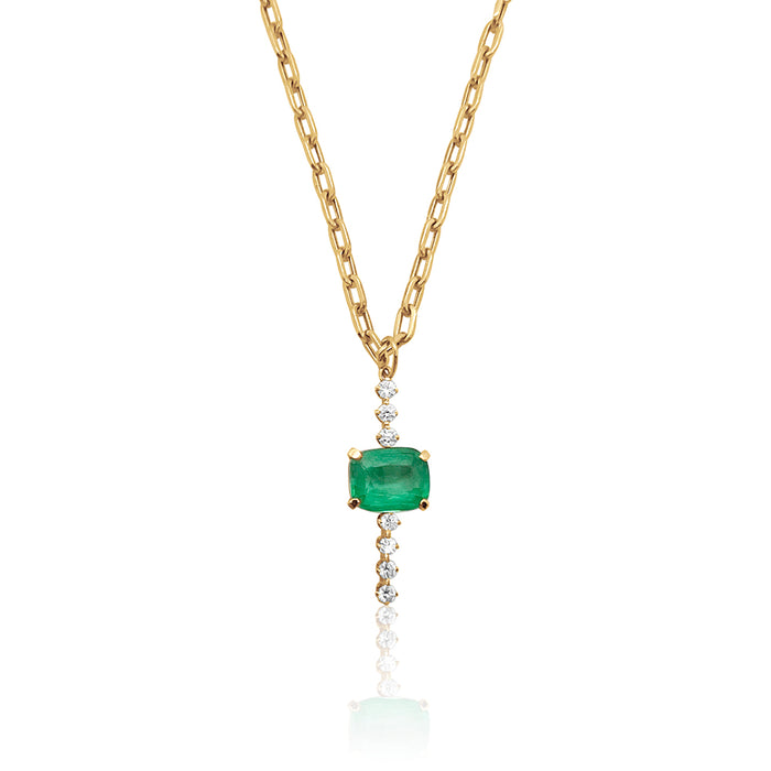 In Line Diamond Pendant with  Cushion Cut Emerald