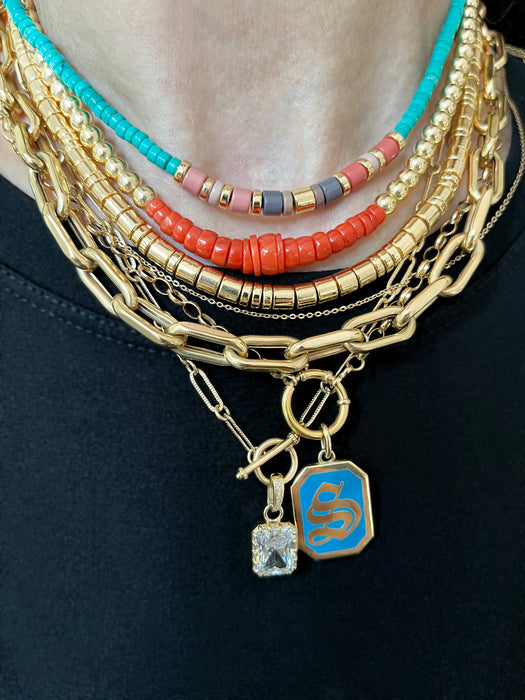 Enamel Monogram Charm Necklace Turquoise / Yellow Gold / Mini Pendant on 16 Enhancer Chain (Shown in 2nd Image)