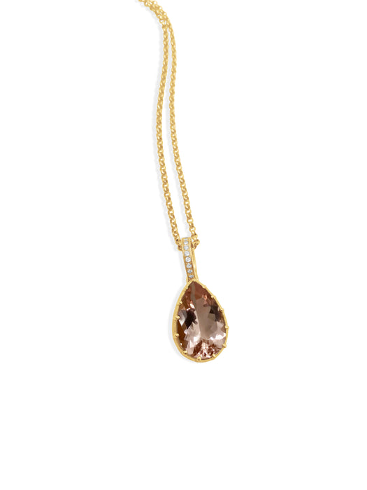 Multi Prong Morganite Drop with Pave Diamond Bale Necklace