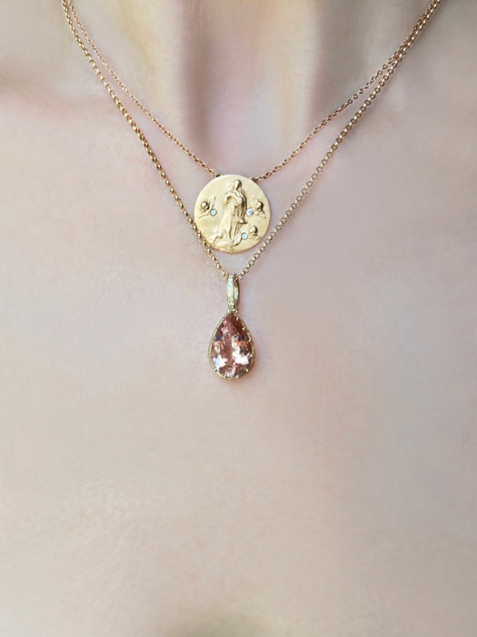 Multi Prong Morganite Drop with Pave Diamond Bale Necklace